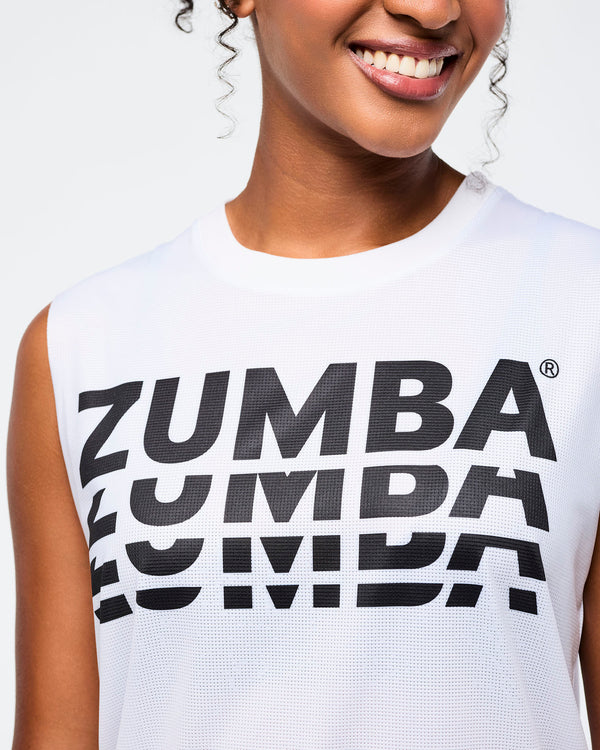 Wear It Out White # Zumba Basic Crew Neck Muscle Tank - Mesh