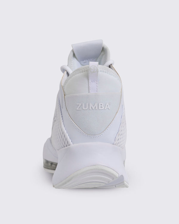 White Zumba high-top athletic sneaker shown from the back, featuring a breathable mesh upper, pull tab, padded heel, and a sculpted sole.