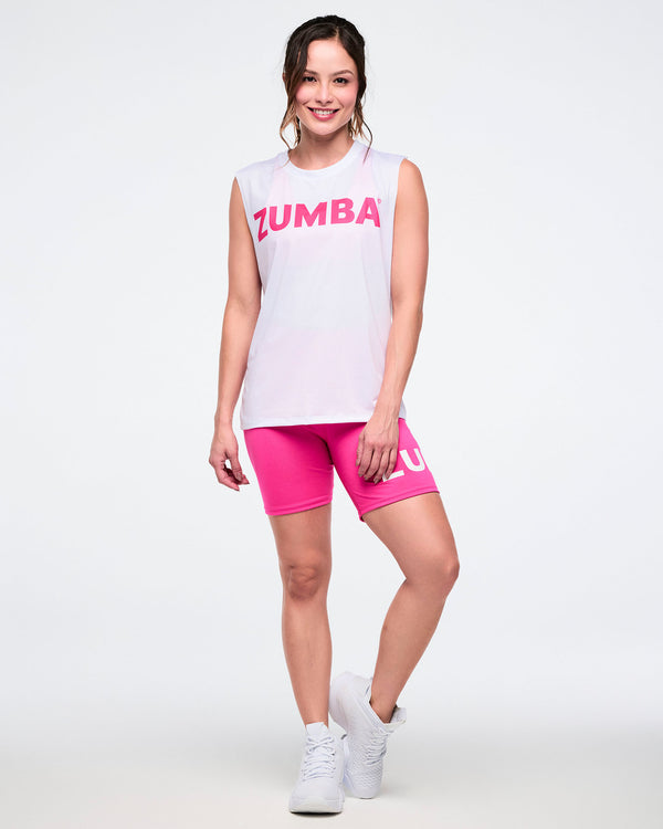 Female model wearing a mesh crew neck muscle tank featuring pink