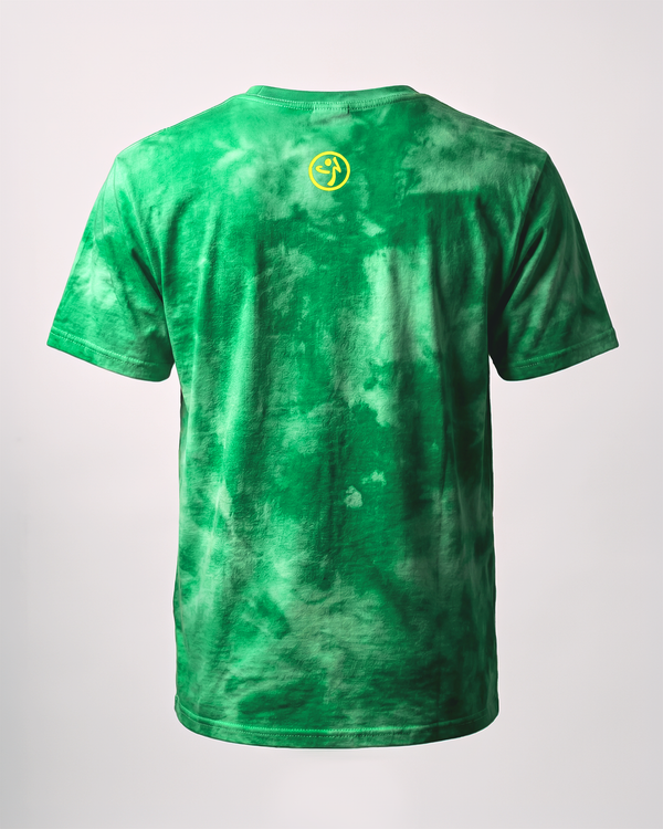 Back view of the green tie-dye short-sleeve crewneck T-shirt featuring a small yellow circular Zumbito logo printed at the upper back below the neckline.