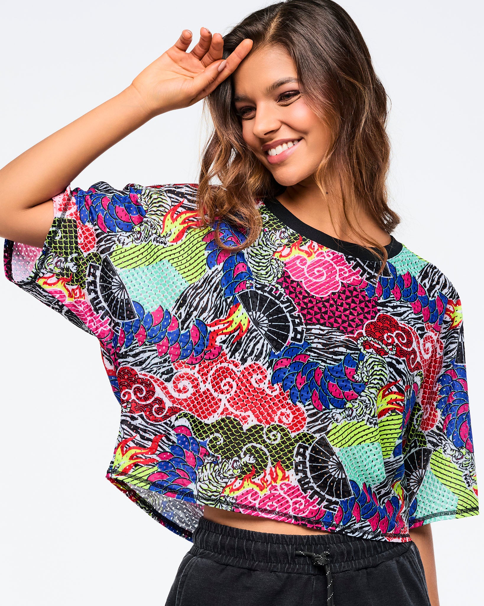 Pink/Yellow # Eastern Flavor Boxy Dolman Crop Top