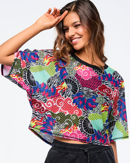 Pink/Yellow # Eastern Flavor Boxy Dolman Crop Top