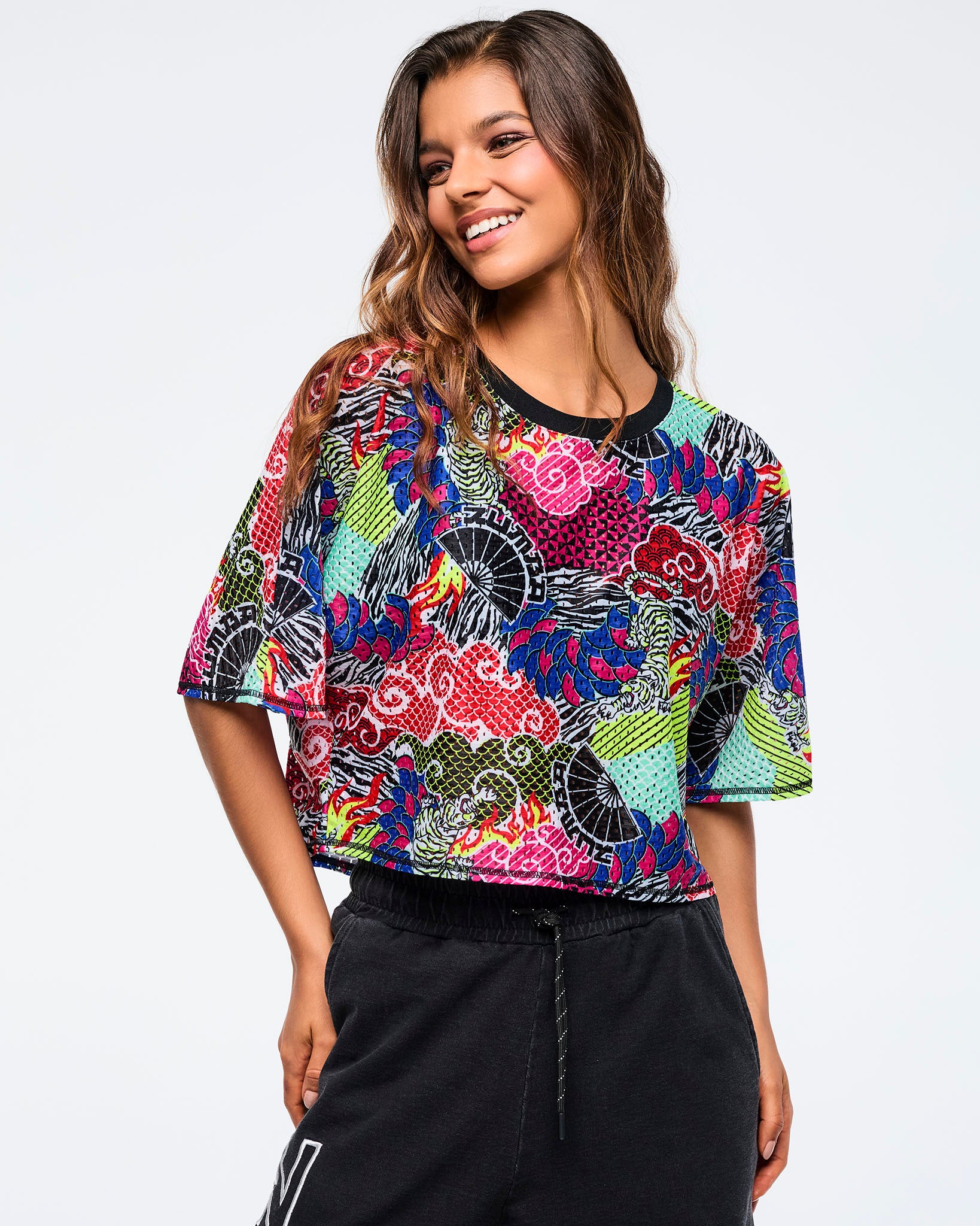 Pink/Yellow # Eastern Flavor Boxy Dolman Crop Top