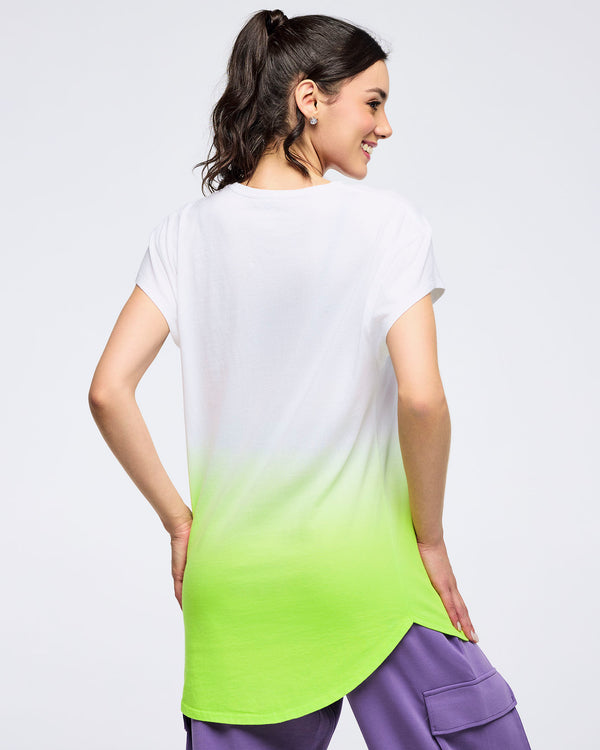 Backview of a woman wearing a pastel ombré T-shirt that fades from green at the bottom to white at the top, on a white background.