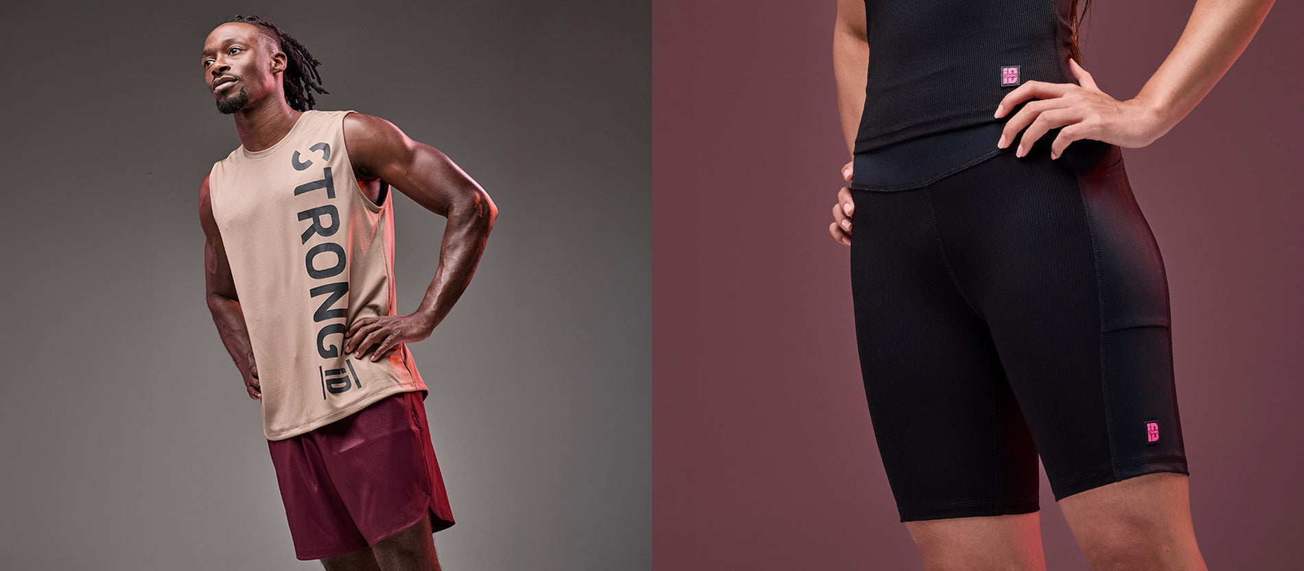 Banner featuring men’s and women’s activewear bottoms against a split gray and mauve studio background. On the left, a male model wears a beige sleeveless training tank with large vertical “STRONG ID” lettering and burgundy athletic shorts. On the right, a female model is shown in a fitted black ribbed activewear set with a sleeveless top and high-waisted biker shorts, highlighted in a close-up view.