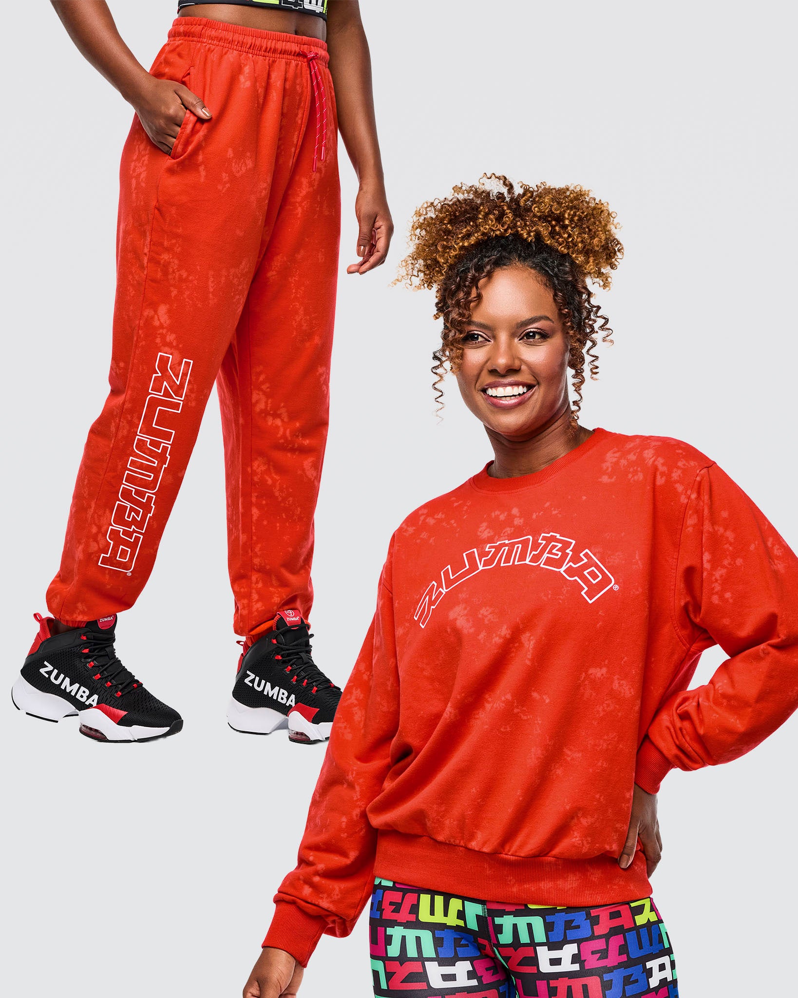 Bundle image of a female model wearing red Zumba sweatshirt and red pants with colorful patterns on a white background