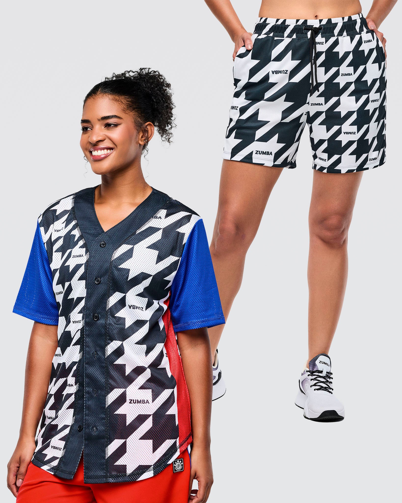 Bundle image of a female model wearing a black and white checkered jersey with blue sleeves while the other image is of a female model showing off the black and white pattern of the Zumba Amour Mesh Shorts.
