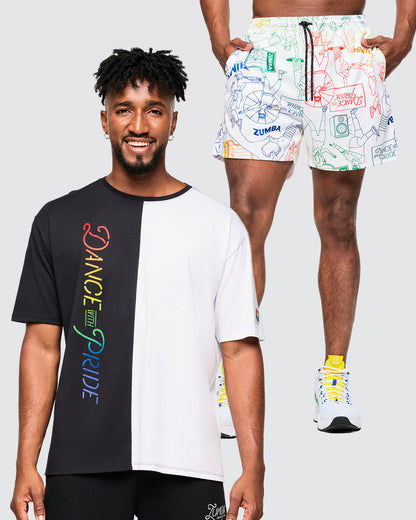 Bundle image of a male model wearing a black and white 'Dance with Pride' t-shirt and colorful Zumba shorts.