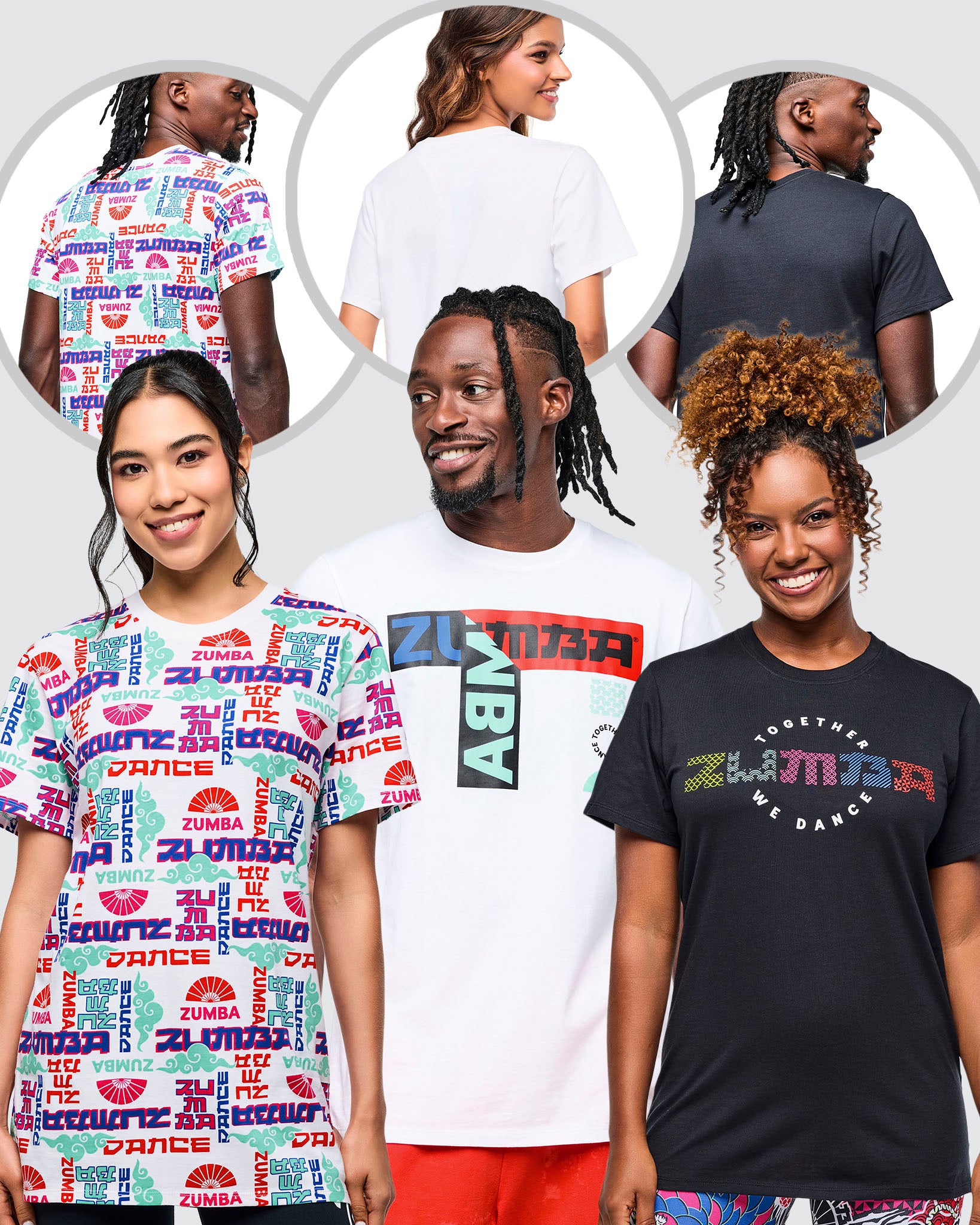 Bundle image of two female models and one male model wearing three different Zumba branded t-shirts with various designs.