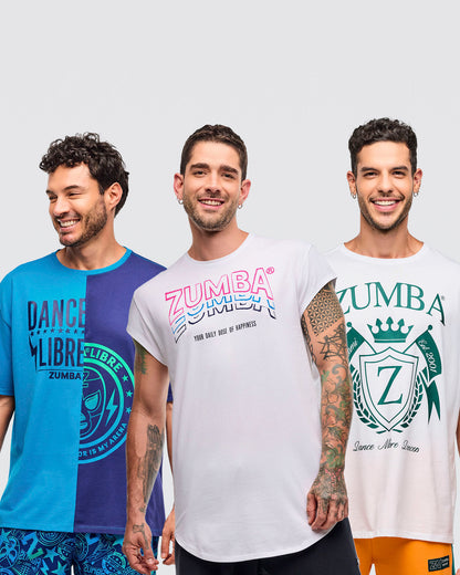 A bundle image of three male models wearing x1 two-tone crew neck tee and x2 white crew neck tees on a white background.
