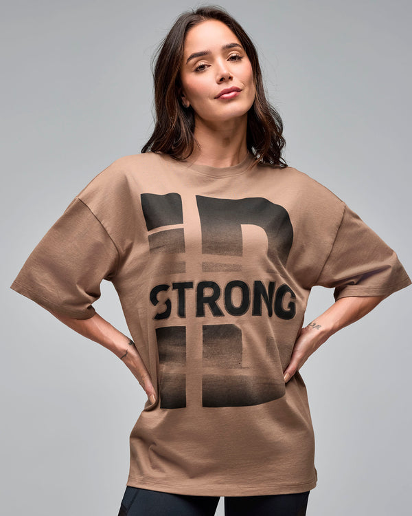 Taupe oversized graphic T-shirt with a large black 