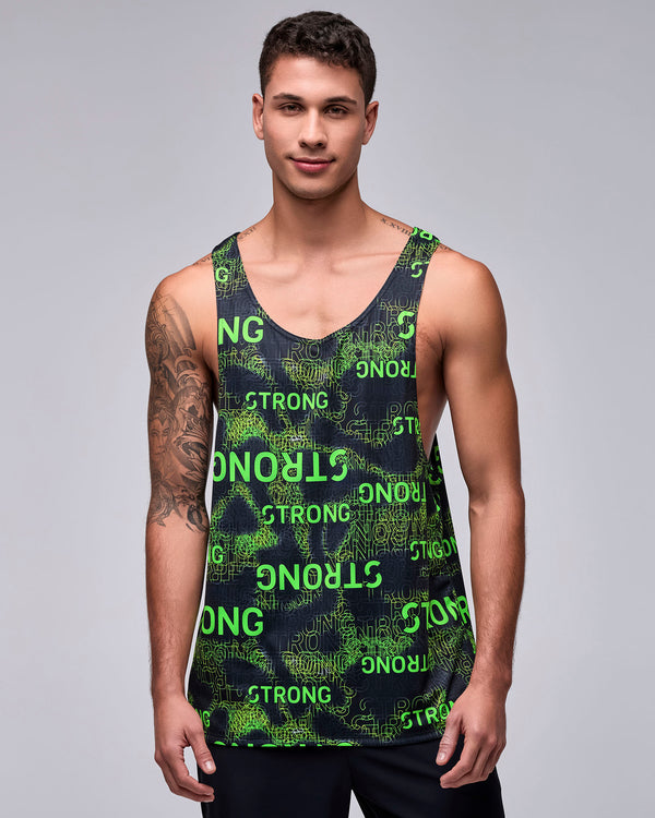 Male model in the black and neon green 'STRONG' print drop armhole tank, with a scoop neck and deep open sides.