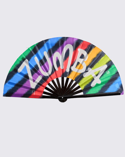 Colorful fan with black trim and 'Zumba' text against a white background.