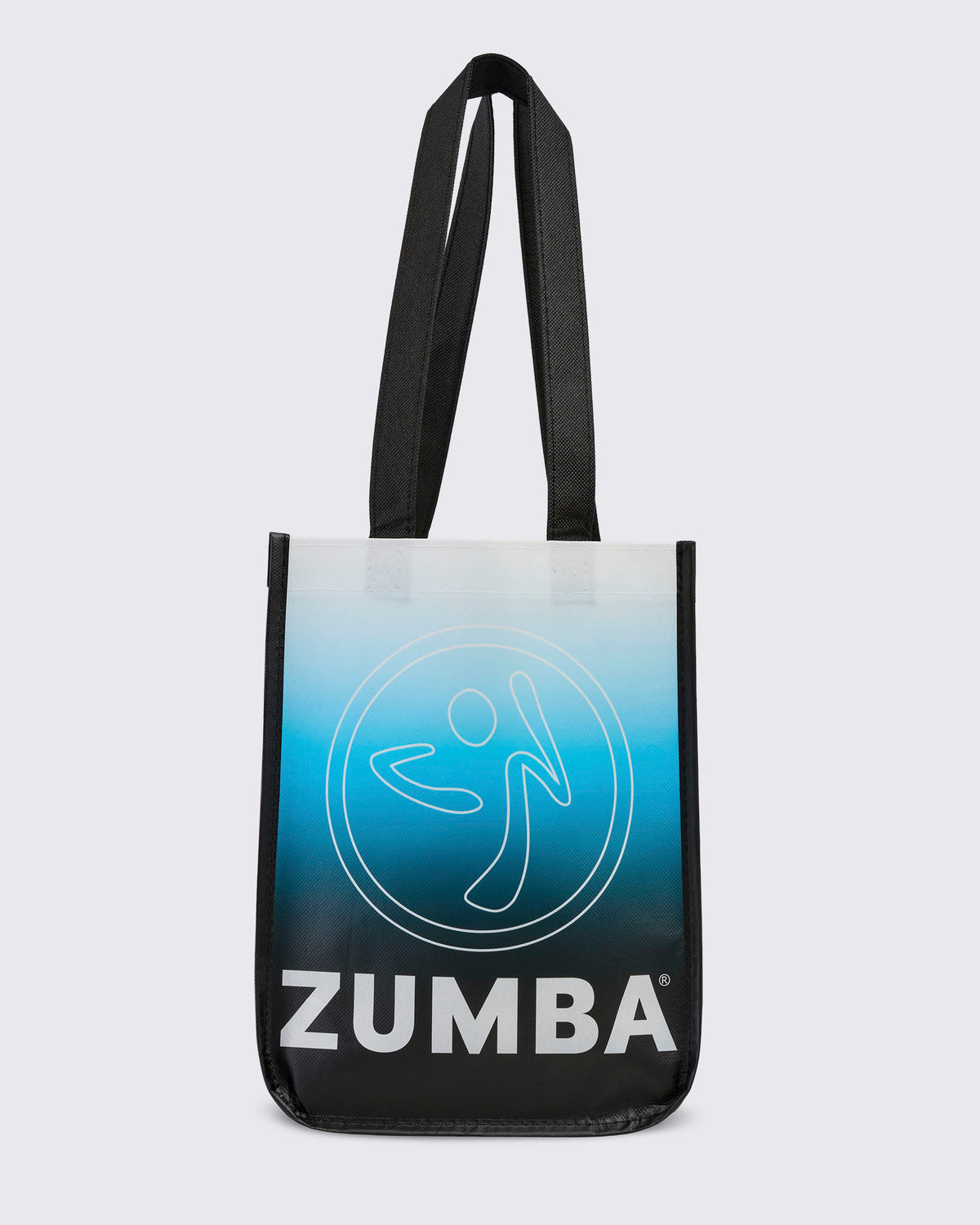 Front of the black reusable tote, with the white-to-light-blue-to-black gradient panel, the outline Zumbito, and 'ZUMBA' text near the base.