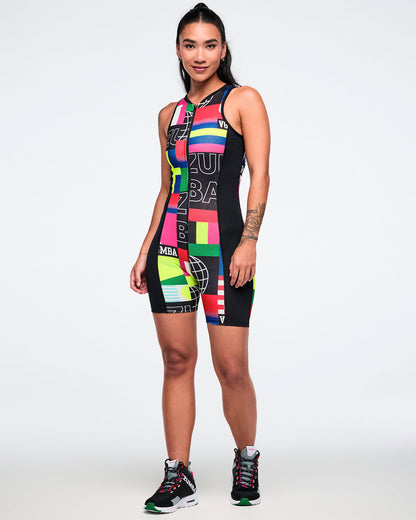 Female model wearing a colorful bodysuit on a white background.