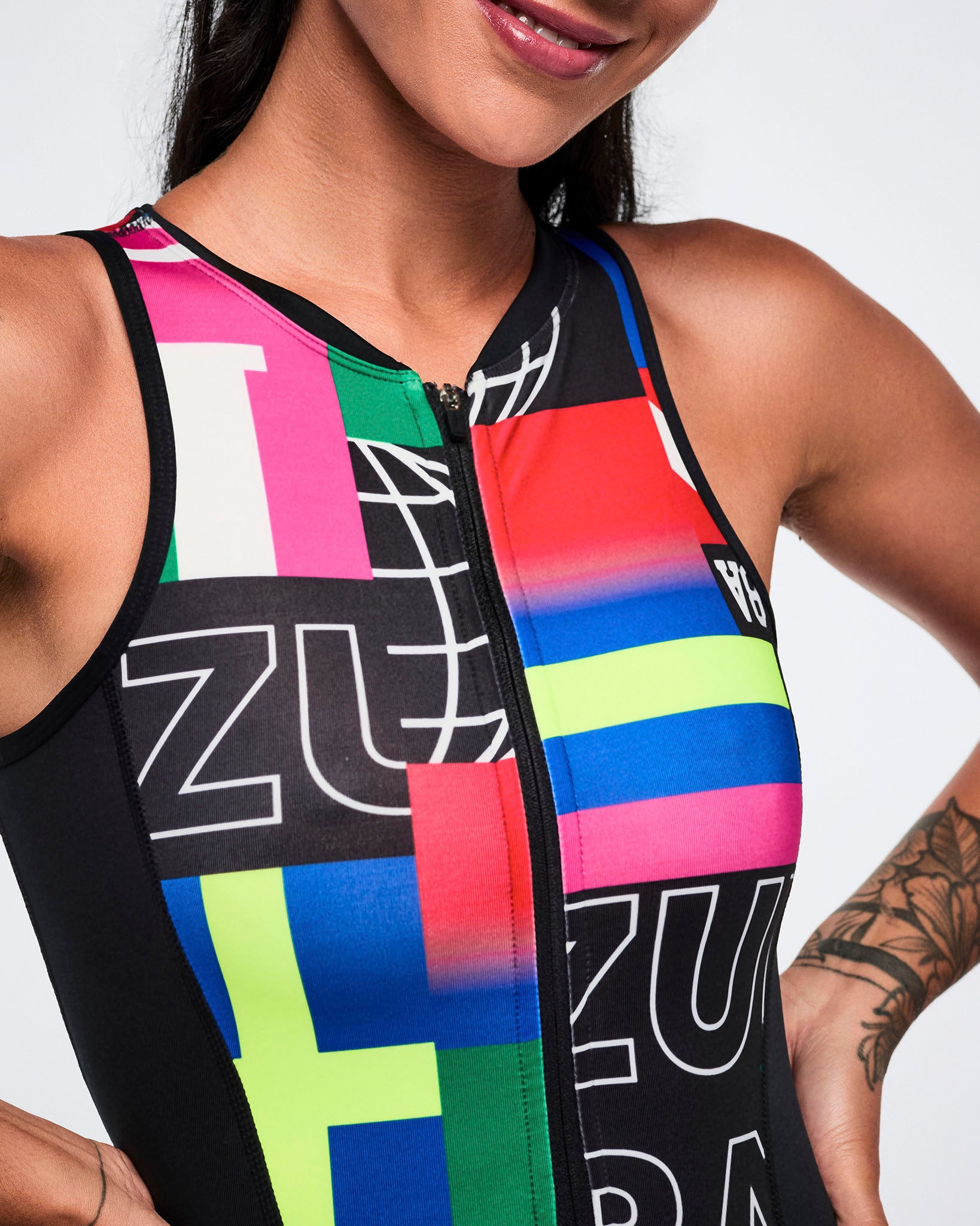 Close-up front view of the multicolored bodysuit.