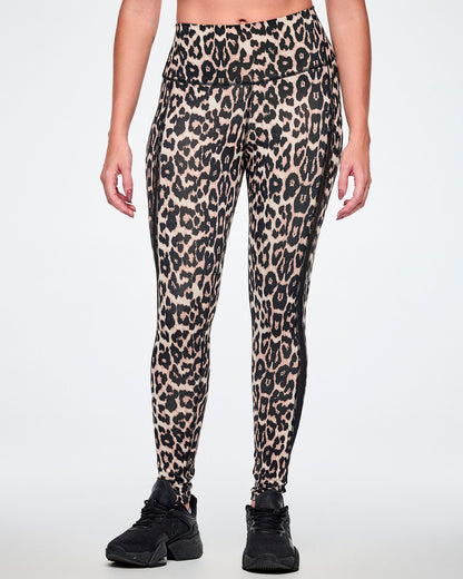 Front view of a female model wearing high-waisted leopard print leggings with sheer side panels, paired with black shoes.