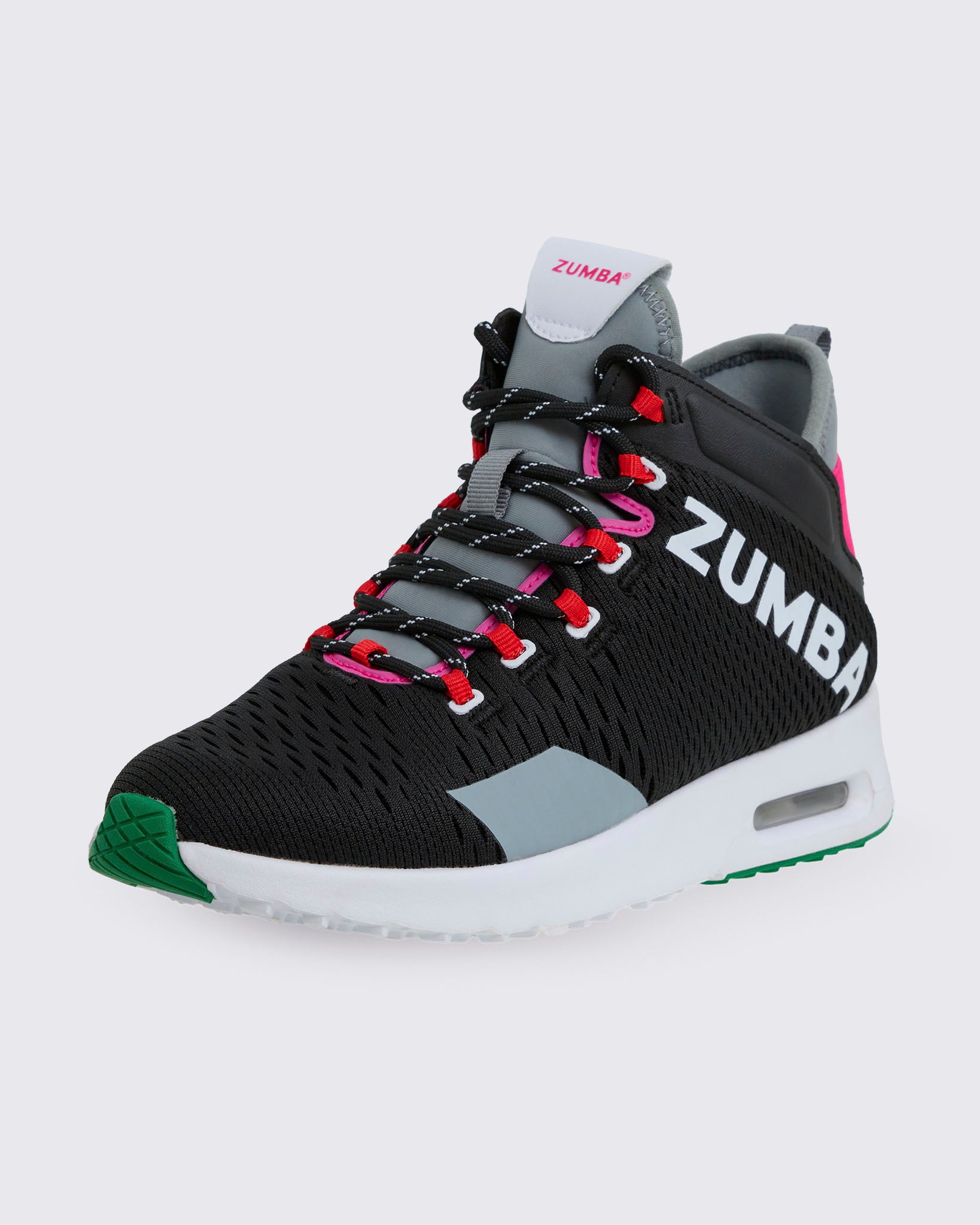 Black Zumba sneaker with gray and green accents on a white background.