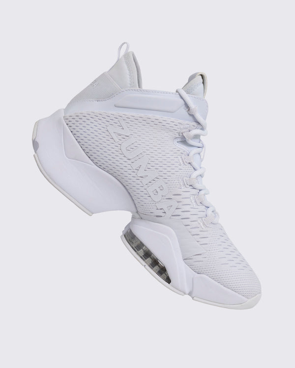 White Zumba high-top athletic sneaker in a side profile, featuring a textured mesh upper, tonal lace-up front, bold side logo, and chunky split sole with a visible air unit.