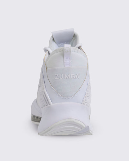 White Zumba high-top athletic sneaker shown from the back, featuring a breathable mesh upper, pull tab, padded heel, and a sculpted sole.