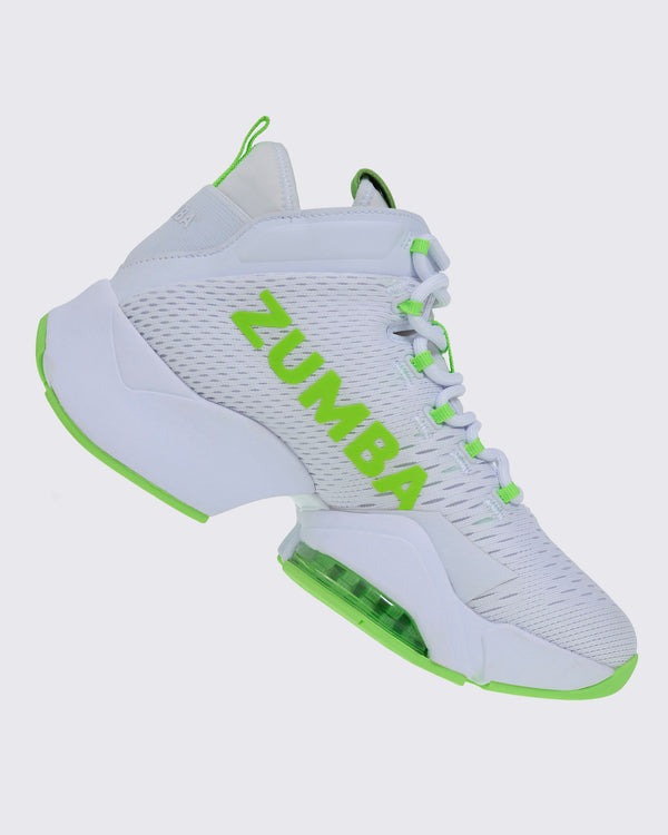 Right-side view of a white and green Zumba sneaker with “ZUMBA” in green, green-accented laces and sole, and a rear pull loop.