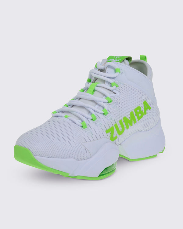 Front view of a white and green Zumba sneaker with “ZUMBA” in green, green-accented laces and sole, and a rear pull loop.
