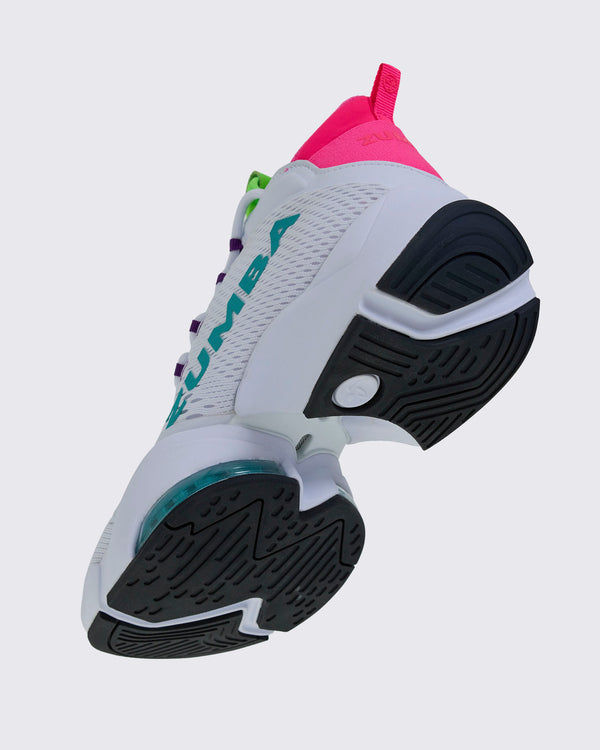 Angled underside view of a white sneaker showing the textured black outsole and aqua 