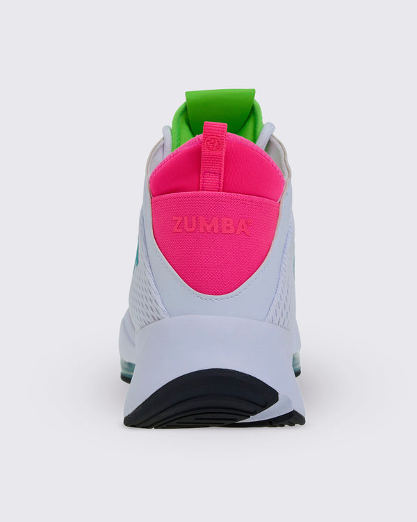 Heel view of a white sneaker with pink 