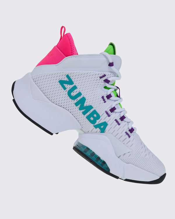 Right side view of a white sneaker, with green and purple accents and showing the aqua 