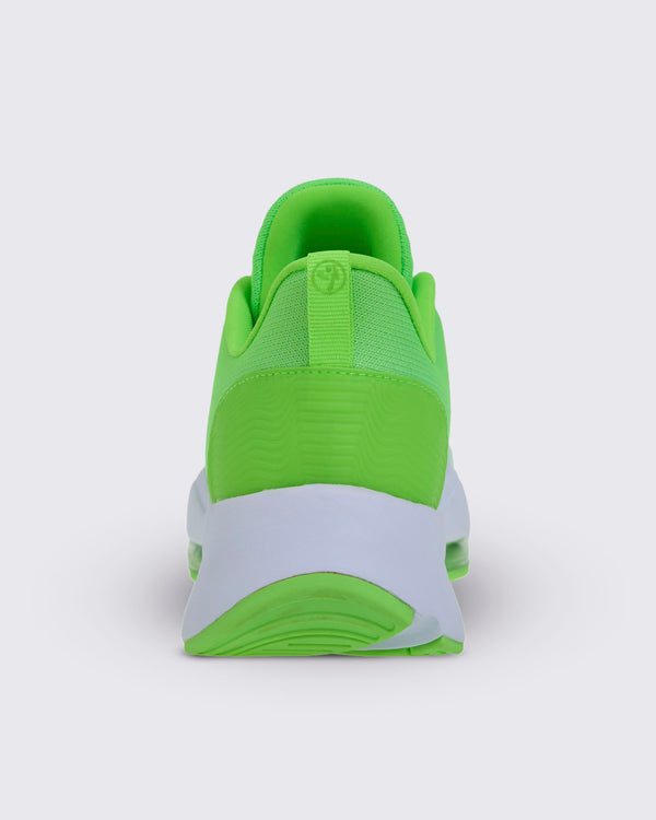Heel view of a neon green sneaker with a fabric pull tab featuring a Zumbito logo, showing the white midsole and green sole.