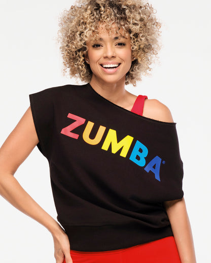 Zumba Explore Off The Shoulder Short Sleeve Sweatshirt - Bold Black