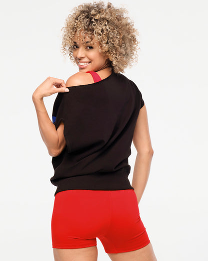 Zumba Explore Off The Shoulder Short Sleeve Sweatshirt - Bold Black