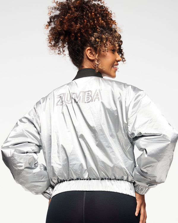 Zumba Runway Crop Zip Up Puff Bomber Jacket