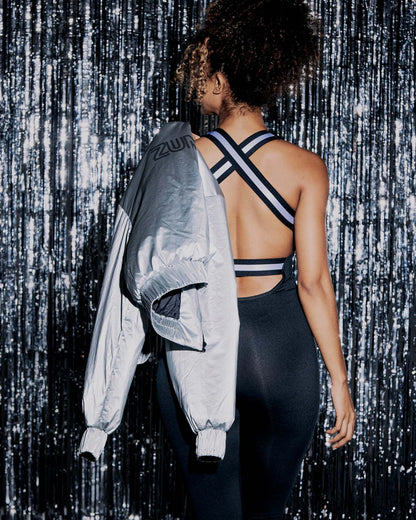 Zumba Runway Crop Zip Up Puff Bomber Jacket