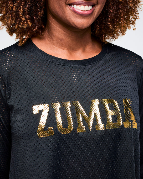 Close-up view of a black mesh top with 