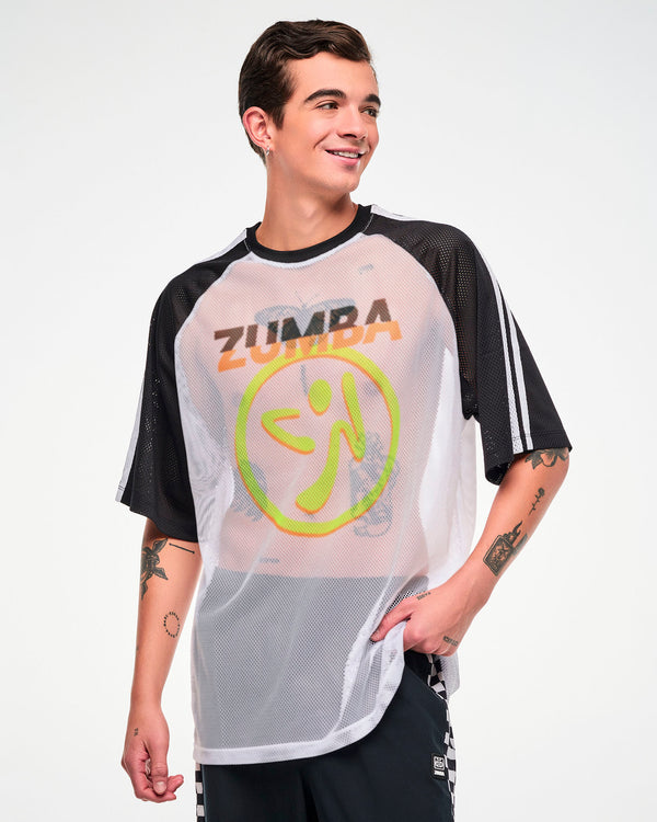 Male model wearing a white mesh oversized tee with black and white striped sleeves, a big yellow and orange Zumbito logo and 