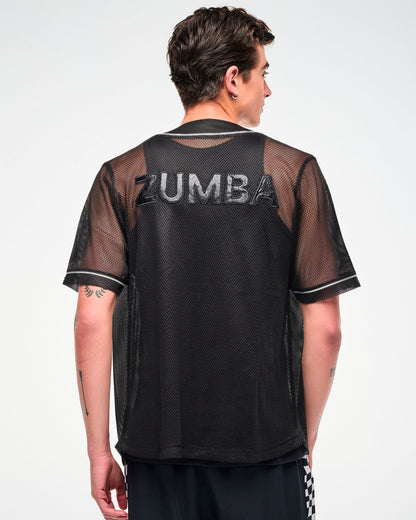 Shown from the back, male model wearing a black mesh baseball-style jersey with an embroidered "ZUMBA" text, paired with black pants.