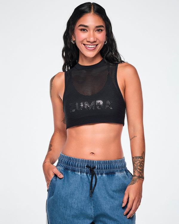 Front view of a female model wearing the black double-layer mesh Dale-Z crop bra, showing the silver 