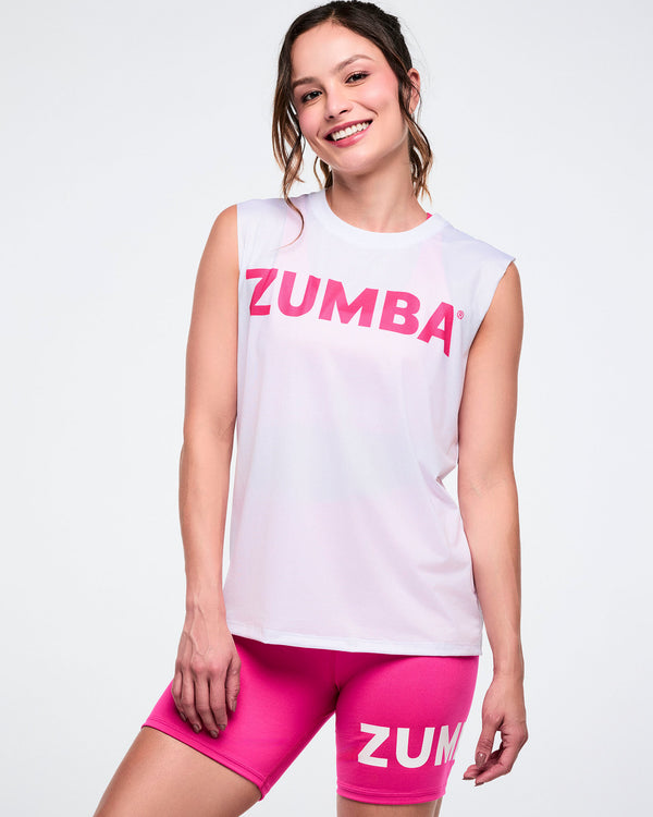 Female model in a mesh crew neck muscle tank featuring pink 