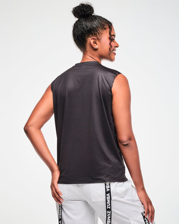 Back view of the black sleeveless muscle tee, female model, showing the relaxed fit from behind.