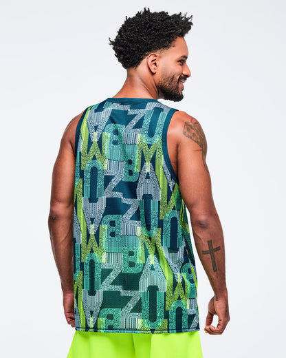 Back view of the teal, navy, and lime “Zumba” graphic-print mesh tank top with contrast binding, modeled by a male wearing neon lime shorts on a white studio background.