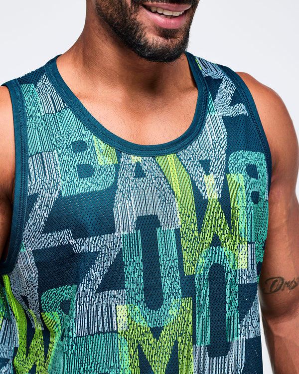 Close-up of the teal, navy, and lime “Zumba” graphic-print mesh tank top showing breathable mesh texture and contrast crew neckline on a male model.