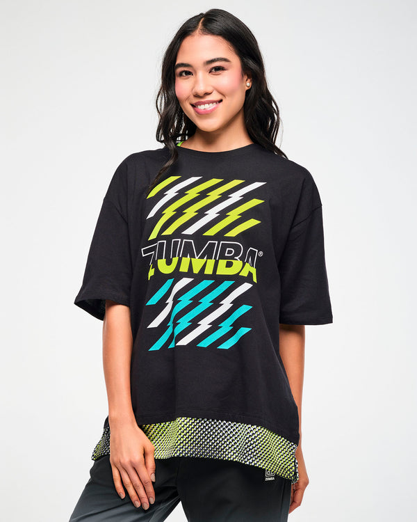 Female model wearing a black oversized T-shirt with black and yellow 