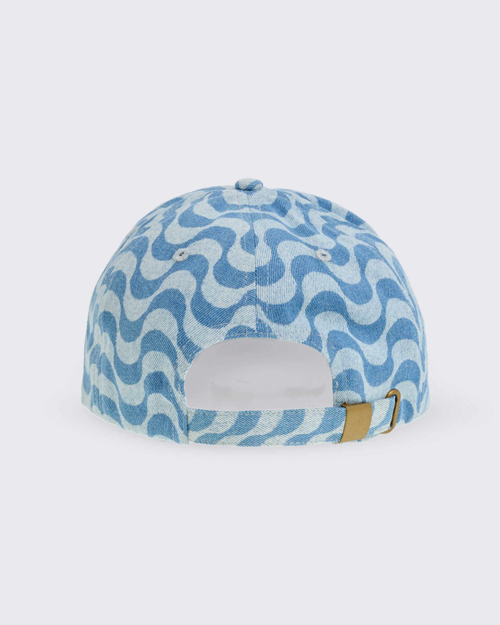 Back view of the light blue wavy-print baseball cap showing the adjustable strap and metal buckle closure on a white background.