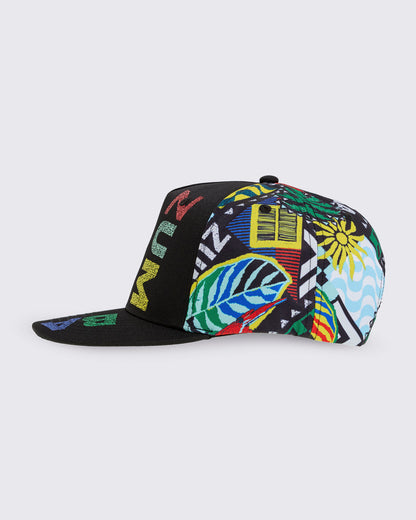 Product-only left-side profile of the cap, highlighting the tropical-print panels and the flat black brim.