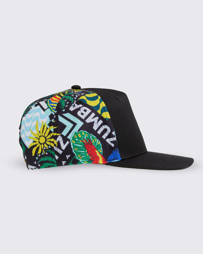 Product-only right-side profile of the cap, showing more of the tropical-print panels (including “ZUMBA” elements in the pattern) and the flat brim.