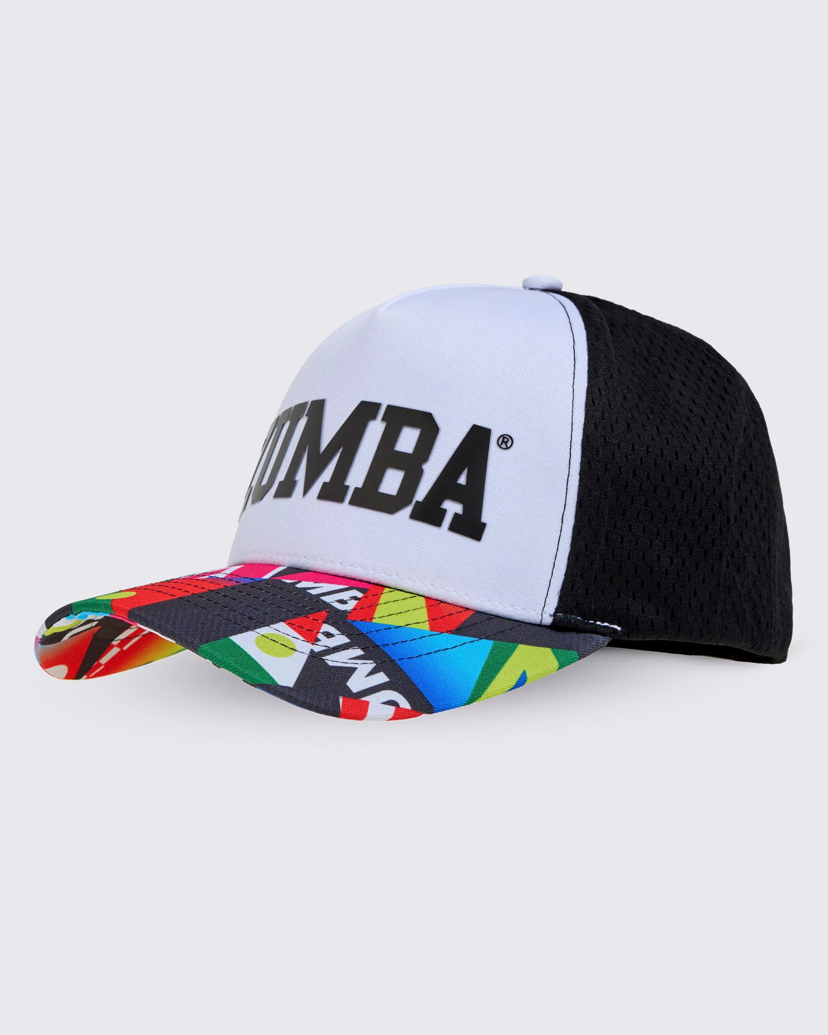 Colorful cap with a brand logo viewed at an angle.