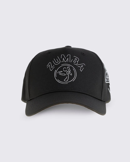 Black baseball cap with curved brim, silver Zumba logo on the front, and a silver 25 Years graphic on the side, shown from the front against a light gray background.