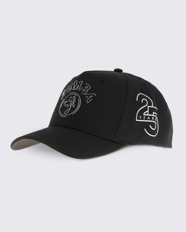 Black baseball cap with curved brim, silver Zumba logo on the front, and a silver 25 Years graphic on the side, shown at a front angle against a light gray background.