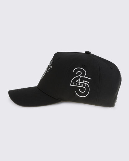 Black baseball cap with curved brim and silver 25 Years graphic on the side, shown in side view against a light gray background.